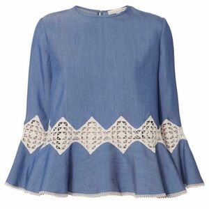Jonathan Simkhai women's lace inset trumpet sleeve chambray top size S small